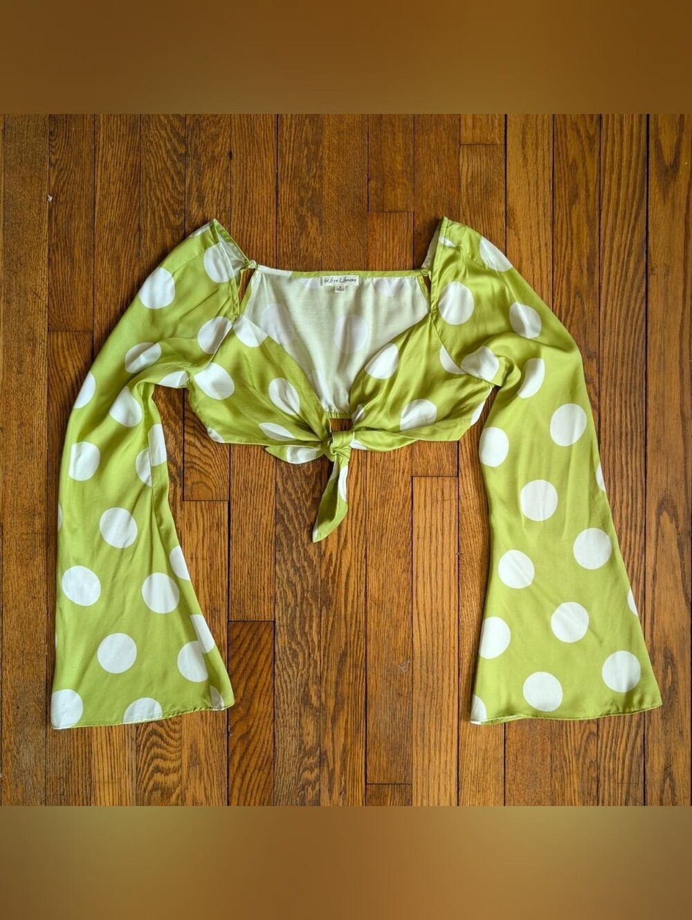 For Love & Lemons Galia Green & White Polka Dot Tie Cropped Blouse